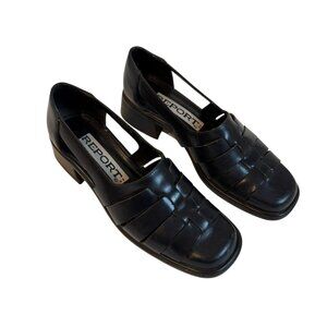 Vintage REPORT Navy Woven Leather Loafer Heels Women's Fisherman Style, Size 8